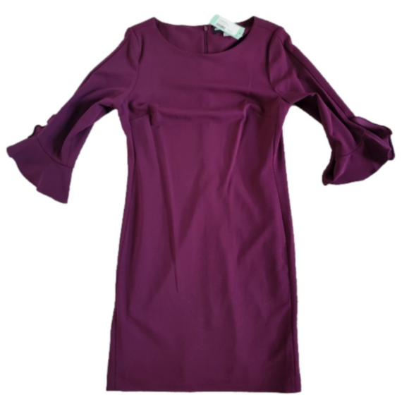 NWT Karl Lagerfeld Lynn Ruffle Detail Dress Dark Purple 3/4 Bell Sleeve Women 10 - Picture 1 of 13